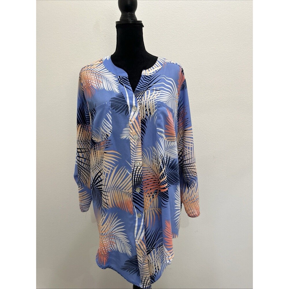 Ruby Rd Womens Plus 2X Top Multi Color Tropical Roll Tab Long Sleeve Button Up